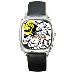 Happy Halloween Collage Square Leather Watch