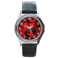 Yin Yang Dragons Red And Black Round Leather Watch (silver Rim) by JeffBartels