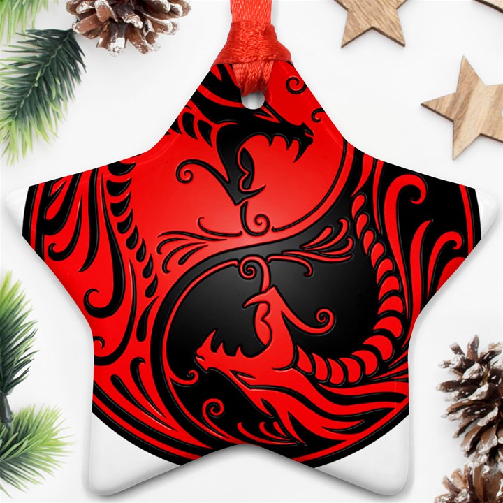 Yin Yang Dragons Red and Black Star Ornament