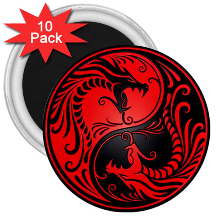 Yin Yang Dragons Red and Black 3  Button Magnet (10 pack)