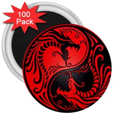 Yin Yang Dragons Red And Black 3  Button Magnet (100 Pack)