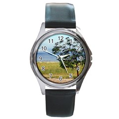 Sea Of Galilee Round Leather Watch (silver Rim)