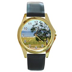 Sea Of Galilee Round Leather Watch (gold Rim) 