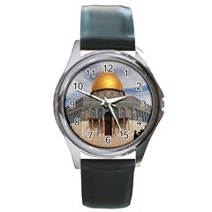 The Dome Of The Rock  Round Leather Watch (silver Rim) by AlfredFoxArt