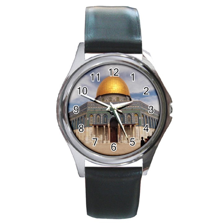 The Dome Of The Rock  Round Leather Watch (Silver Rim)