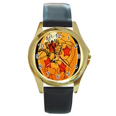 The Search Continues Round Leather Watch (gold Rim) 