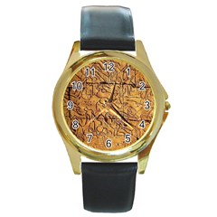 Ancient Egypt Mural 12aug 2014 Round Leather Watch (gold Rim) 