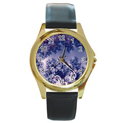 Pink And Blue Morning Frost Fractal Round Leather Watch (gold Rim)  by Artist4God