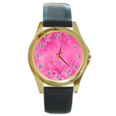 Soft Pink Frost Of Morning Fractal Round Leather Watch (gold Rim) 