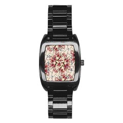 Red Deco Geometric Nature Collage Floral Motif Stainless Steel Barrel Watch