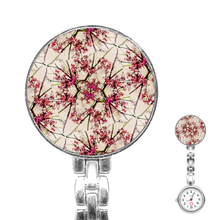 Red Deco Geometric Nature Collage Floral Motif Stainless Steel Nurses Watch