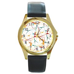 Colorful Splatter Abstract Shapes Round Leather Watch (gold Rim)  by dflcprints