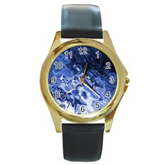 Blue Waves Abstract Art Round Leather Watch (gold Rim)  by LokisStuffnMore