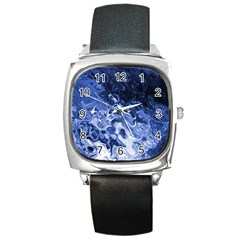 Blue Waves Abstract Art Square Leather Watch by LokisStuffnMore