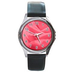 Pink Silk Effect  Round Leather Watch (silver Rim) by Colorfulart23