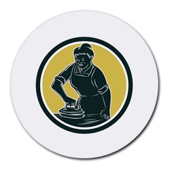 African American Woman Ironing Clothes Woodcut 8  Mouse Pad (round)