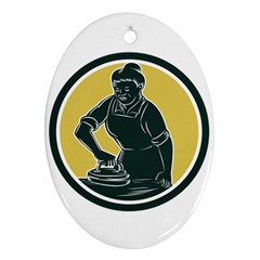 African American Woman Ironing Clothes Woodcut Oval Ornament