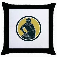 African American Woman Ironing Clothes Woodcut Black Throw Pillow Case