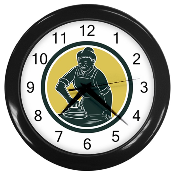 African American Woman Ironing Clothes Woodcut Wall Clock (Black)