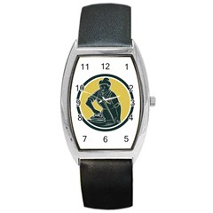 African American Woman Ironing Clothes Woodcut Tonneau Leather Watch by retrovectors