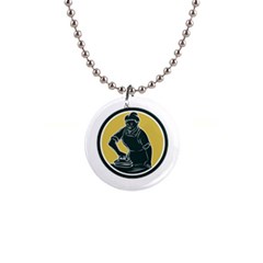 African American Woman Ironing Clothes Woodcut Button Necklace by retrovectors