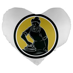 African American Woman Ironing Clothes Woodcut 19  Premium Heart Shape Cushion by retrovectors