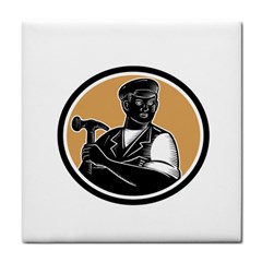 Carpenter Holding Hammer Woodcut Ceramic Tile