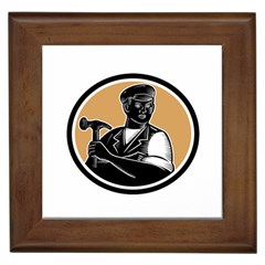 Carpenter Holding Hammer Woodcut Framed Ceramic Tile by retrovectors