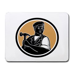 Carpenter Holding Hammer Woodcut Small Mouse Pad (rectangle) by retrovectors