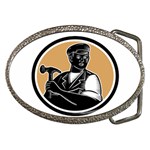 Carpenter Holding Hammer Woodcut Belt Buckle (Oval) Front