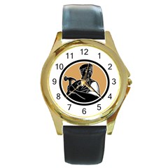 Carpenter Holding Hammer Woodcut Round Leather Watch (gold Rim)  by retrovectors