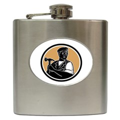 Carpenter Holding Hammer Woodcut Hip Flask by retrovectors