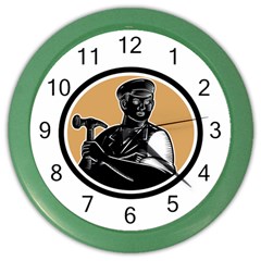 Carpenter Holding Hammer Woodcut Wall Clock (color) by retrovectors