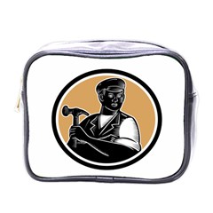 Carpenter Holding Hammer Woodcut Mini Travel Toiletry Bag (one Side) by retrovectors