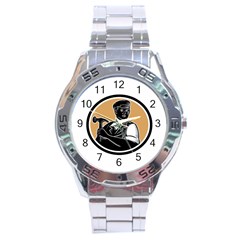 Carpenter Holding Hammer Woodcut Stainless Steel Watch