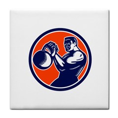 Bodybuilder Lifting Kettlebell Woodcut Ceramic Tile by retrovectors