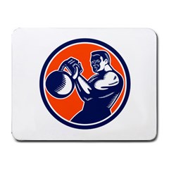 Bodybuilder Lifting Kettlebell Woodcut Small Mouse Pad (rectangle) by retrovectors