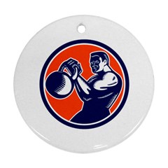 Bodybuilder Lifting Kettlebell Woodcut Round Ornament