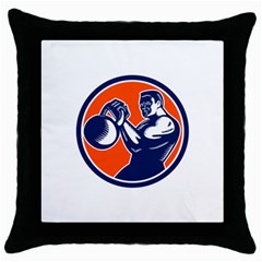 Bodybuilder Lifting Kettlebell Woodcut Black Throw Pillow Case