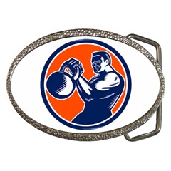 Bodybuilder Lifting Kettlebell Woodcut Belt Buckle (oval) by retrovectors