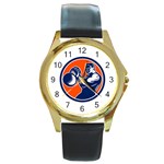 Bodybuilder Lifting Kettlebell Woodcut Round Leather Watch (Gold Rim)  Front