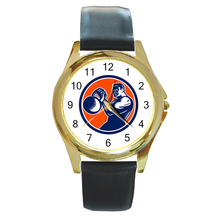 Bodybuilder Lifting Kettlebell Woodcut Round Leather Watch (Gold Rim) 