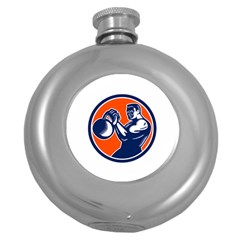 Bodybuilder Lifting Kettlebell Woodcut Hip Flask (round)