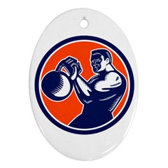 Bodybuilder Lifting Kettlebell Woodcut Oval Ornament (two Sides) by retrovectors