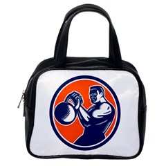 Bodybuilder Lifting Kettlebell Woodcut Classic Handbag (one Side) by retrovectors