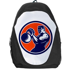 Bodybuilder Lifting Kettlebell Woodcut Backpack Bag by retrovectors