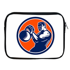 Bodybuilder Lifting Kettlebell Woodcut Apple Ipad Zippered Sleeve by retrovectors