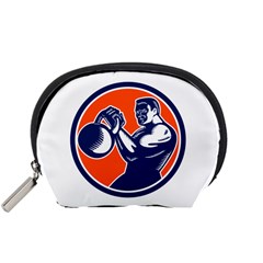 Bodybuilder Lifting Kettlebell Woodcut Accessory Pouch (small) by retrovectors