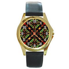 Intense Floral Refined Art Print Round Leather Watch (gold Rim) 