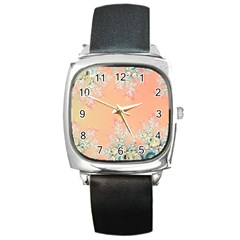 Peach Spring Frost On Flowers Fractal Square Leather Watch by Artist4God